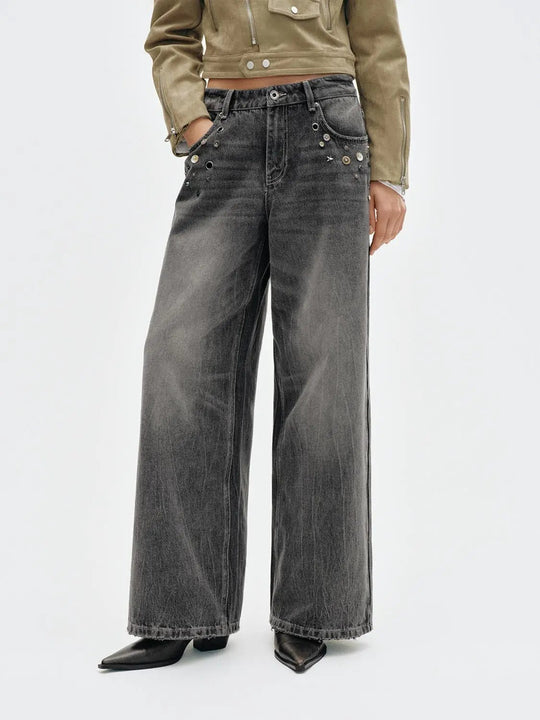 Studded Raw Hem Wide-leg Cotton Jeans