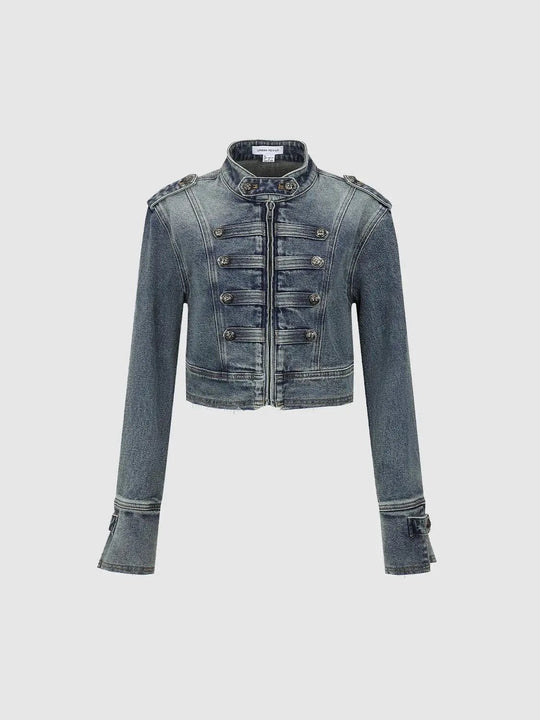 Cropped Raw Hem Stand Collar Long Sleeve Cotton Jacket