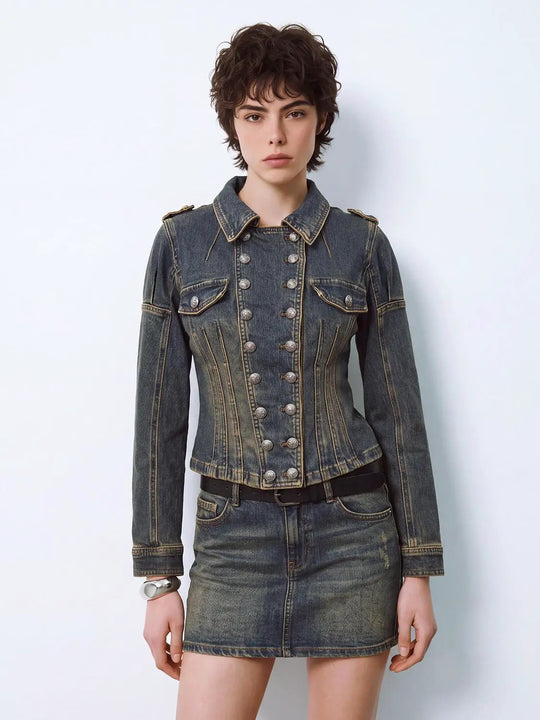 Collared Washed Double-Breasted Long Sleeve Cotton Jacket