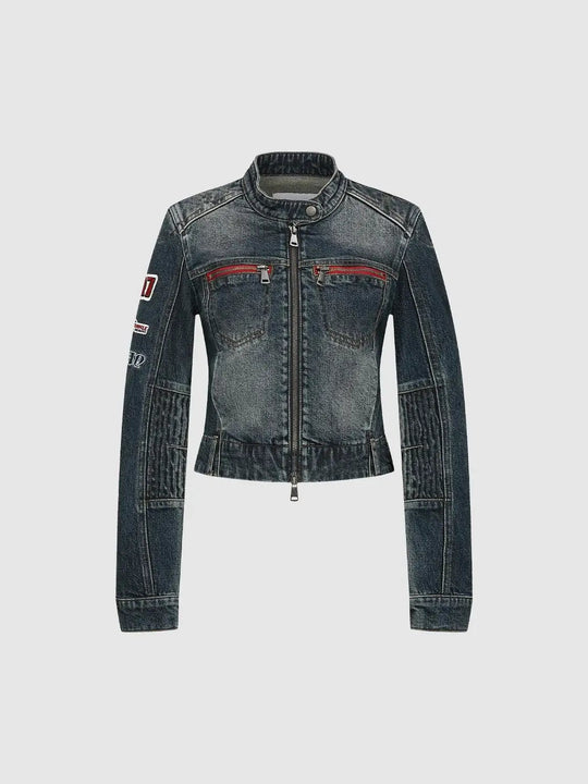 Wash Moto Ribbed Panel Long Sleeve Denim Jacket