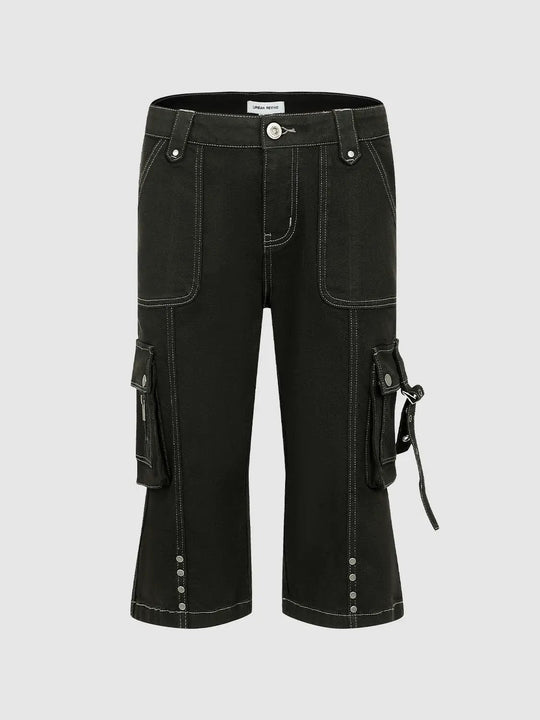 Contrast Stitch Mid-rise Cotton Blend Cargo Pants