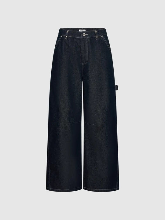 Wash High-waisted Wide-leg Contrast Stitch Cotton Jeans