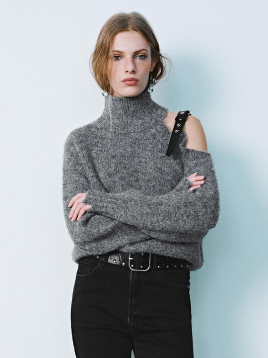 T-shirts en tricot à col roulé et épaules dénudées