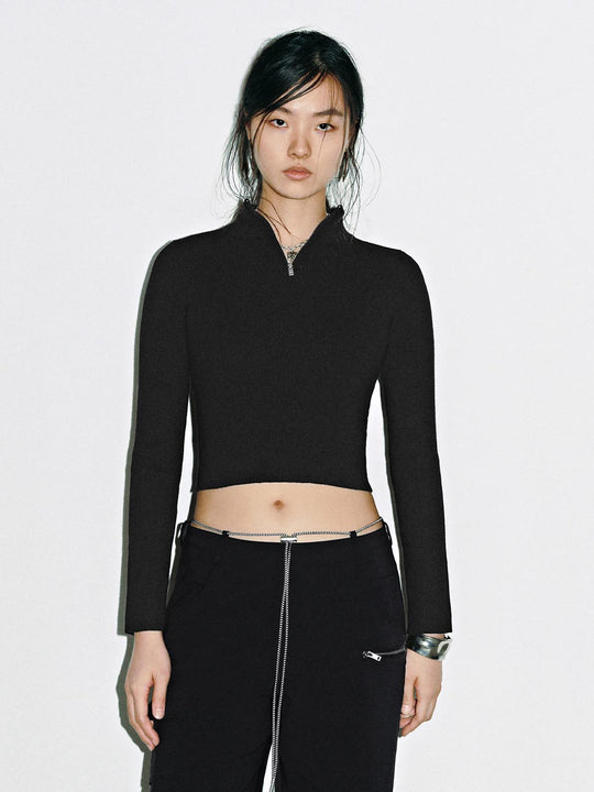 T-shirts tricotés à manches longues avec demi-fermeture éclair