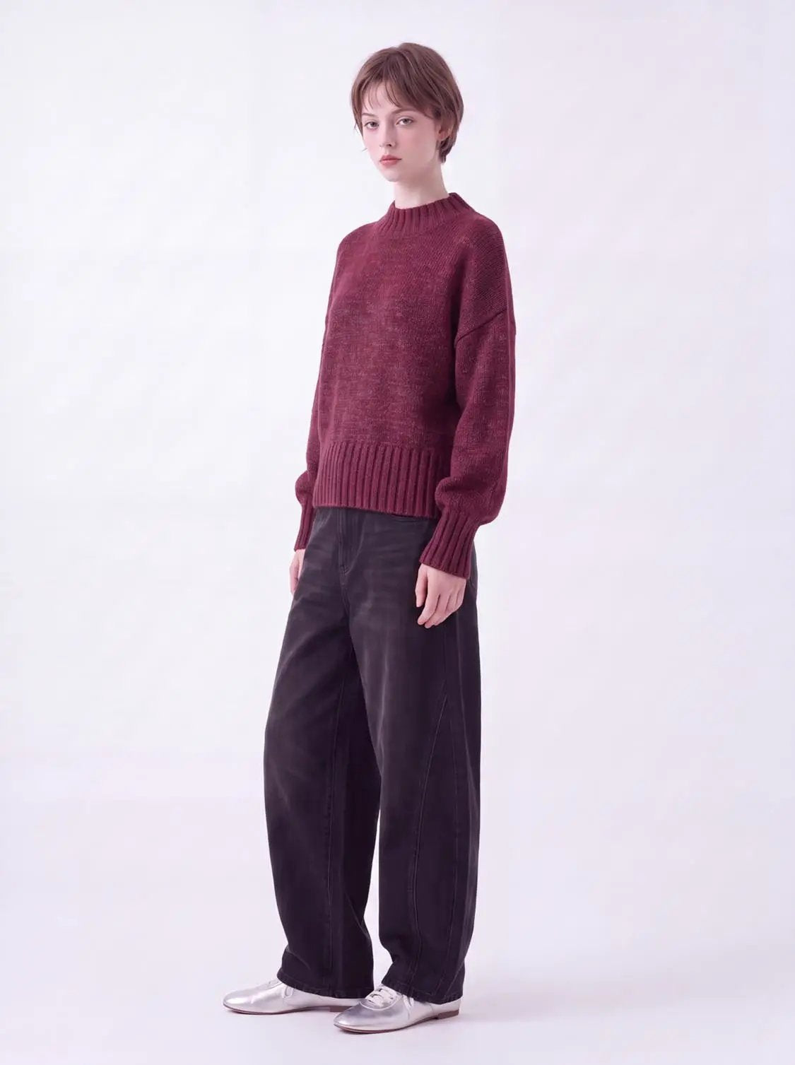High Neck Long Sleeve Knitted T-Shirts burgundy knit top with ribbed cuffs.