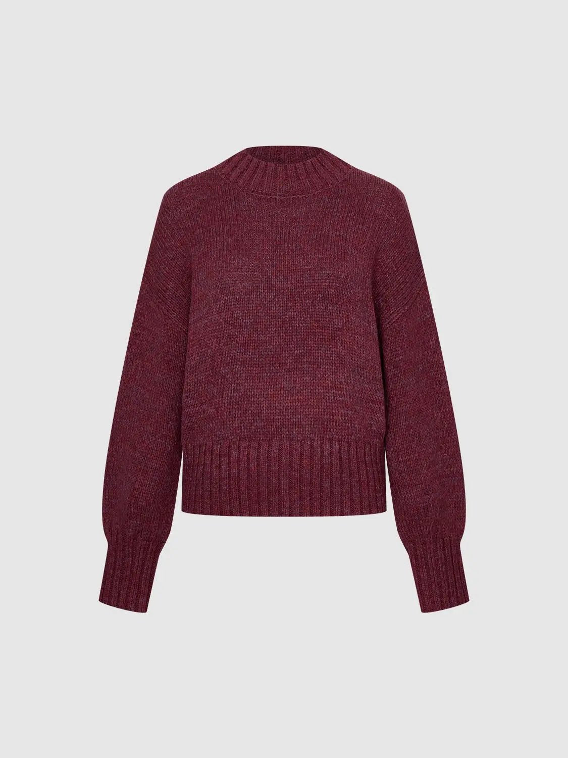 High-neck knitted sweater with long sleeves in burgundy