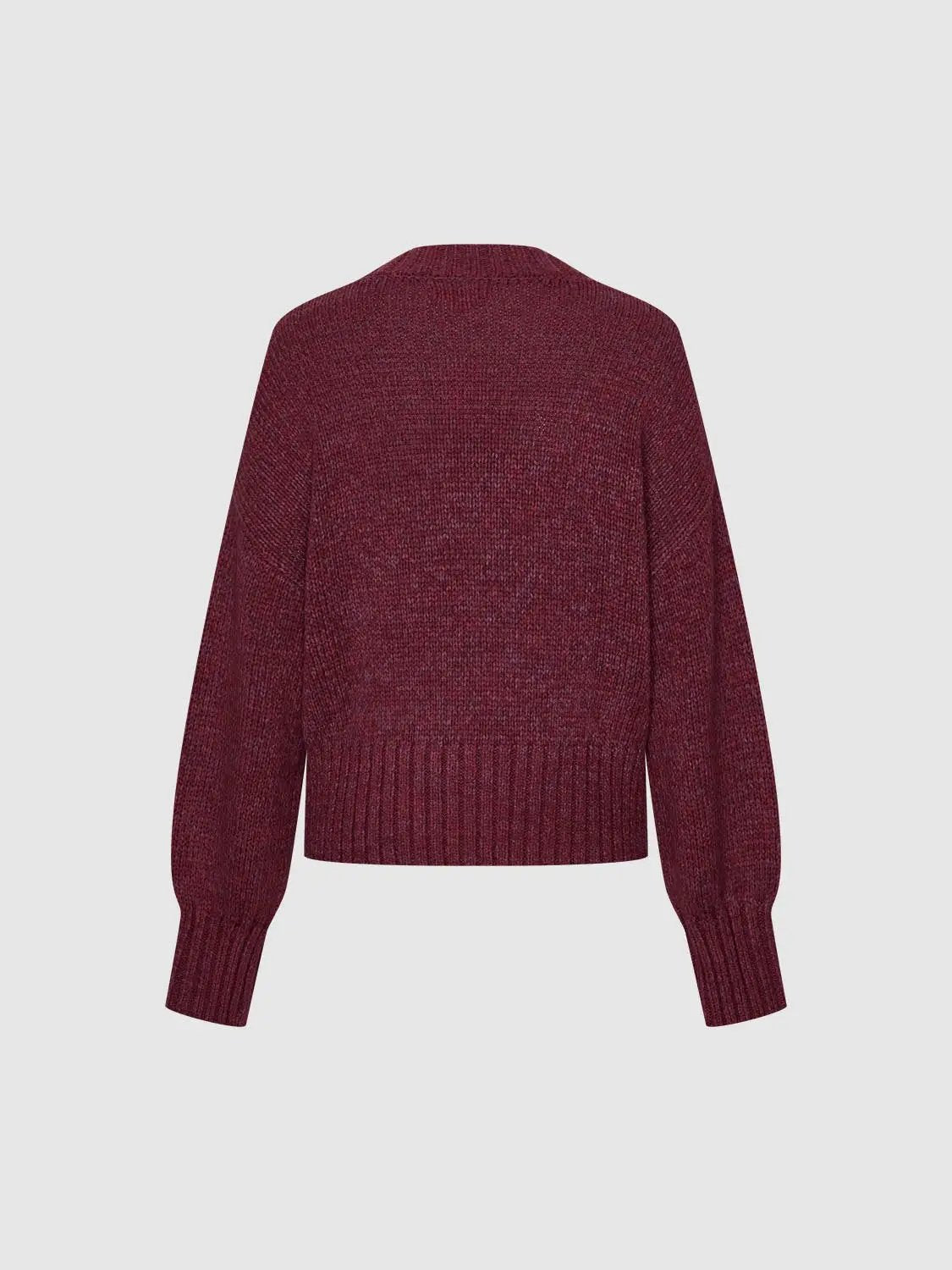 High Neck Long Sleeve Knitted T-Shirts in burgundy knit with ribbed hem and cuffs