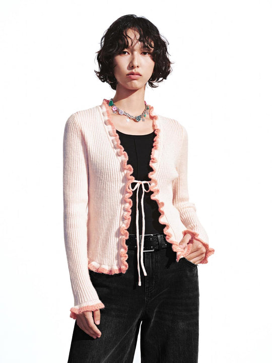 Contrast Ruffle Trim V-Neck Knitted Cardigans