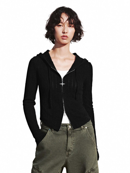 Slim Hooded Zip Up Knitted Cardigans