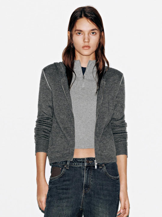 Hooded Zip Up Long Sleeve Knitted T-Shirts