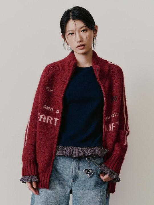 Mock Neck Embroidered Intarsia Knitted Cardigans