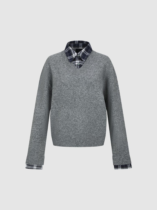 2 In 1 Check Collar Long Sleeve Knitted T-Shirts