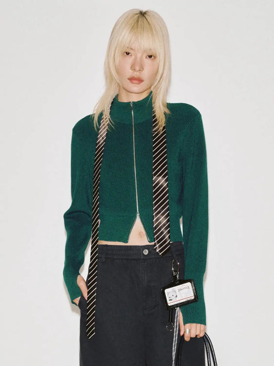 Mock Neck Zip Detail Knitted Cardigan