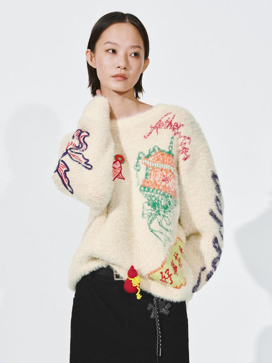 Intarsia Embroidered Contrast Fluffy Knitted T-Shirts