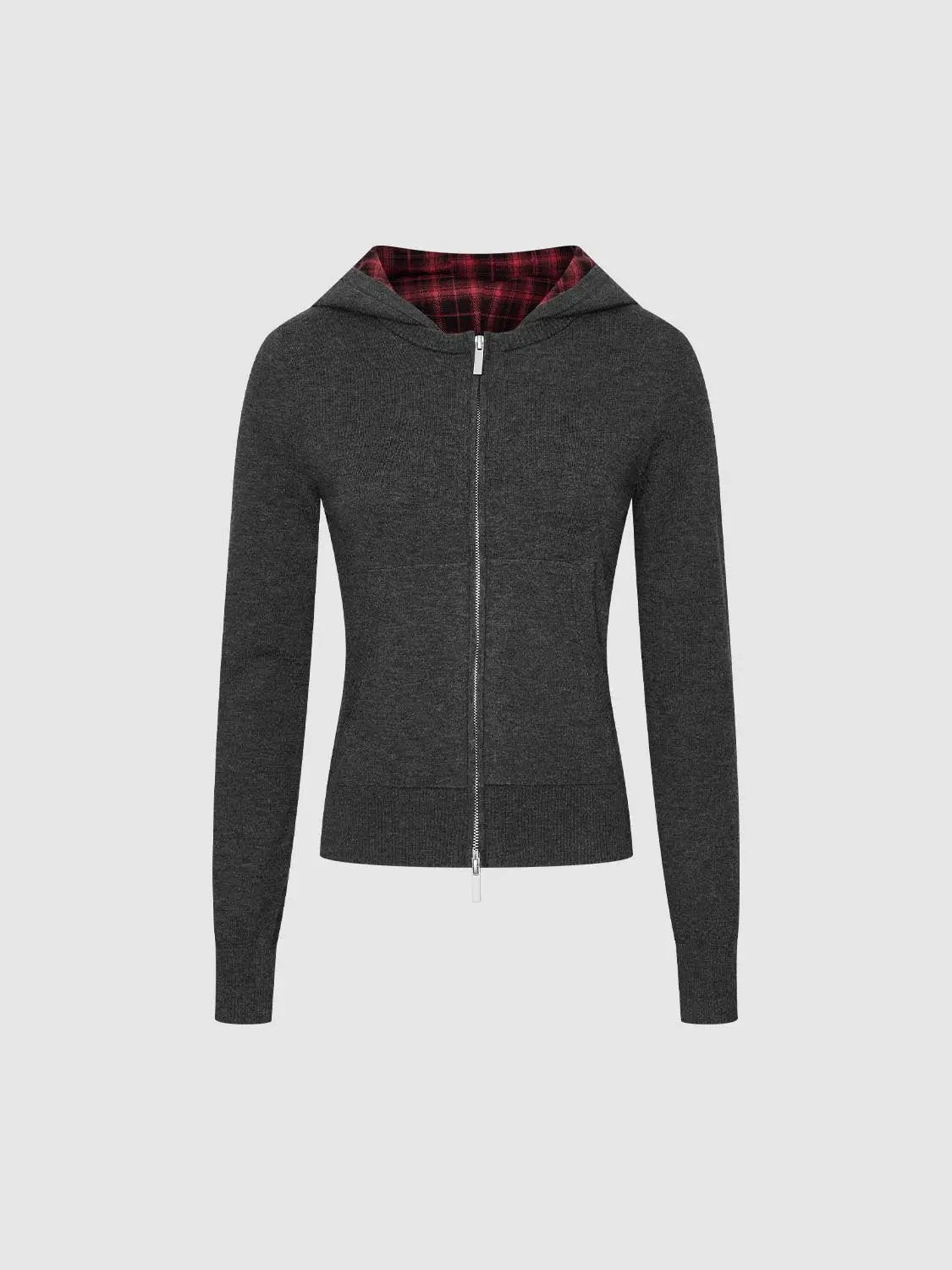 Knit jacket, dark gray knit with full front zip and red plaid hood lining, Urban Revivo Fashion