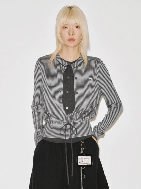 Crew Neck Embroidered Striped Tie Detail Knitted Cardigans