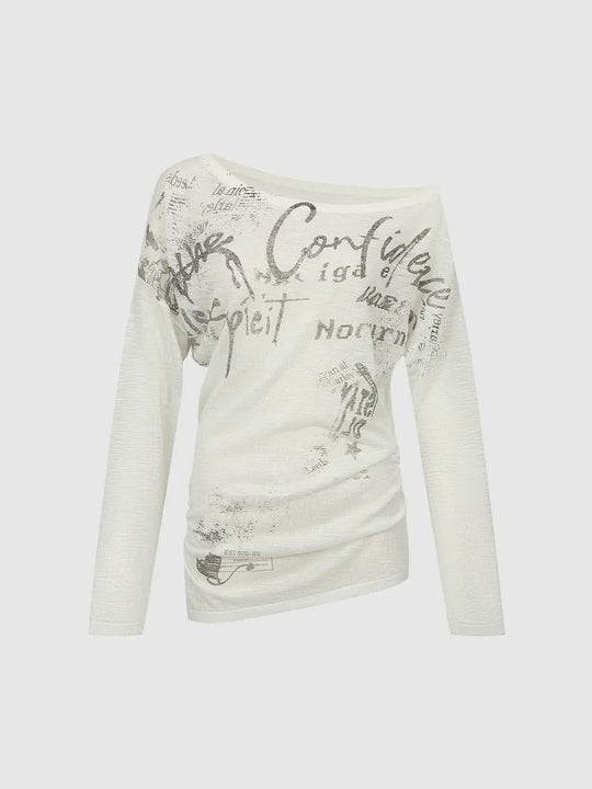 Thin Text Print Long Sleeve Boat Neck Knit T-shirt