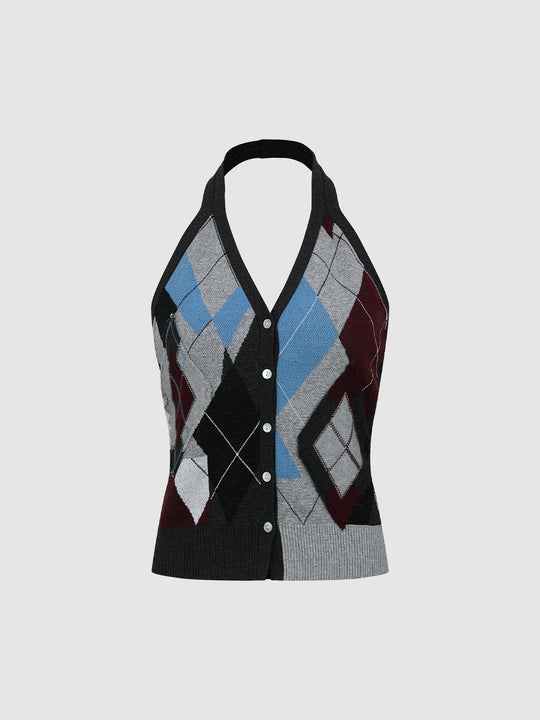 Halter Neck Argyle Knitted Cardigans