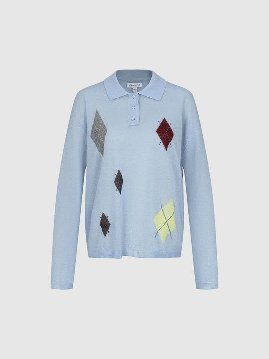 Polo Neck Argyle Detail Long Sleeve Knitted T-Shirts