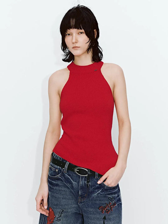 Red Ribbed High Neck Knit Sleeveless Tank Top