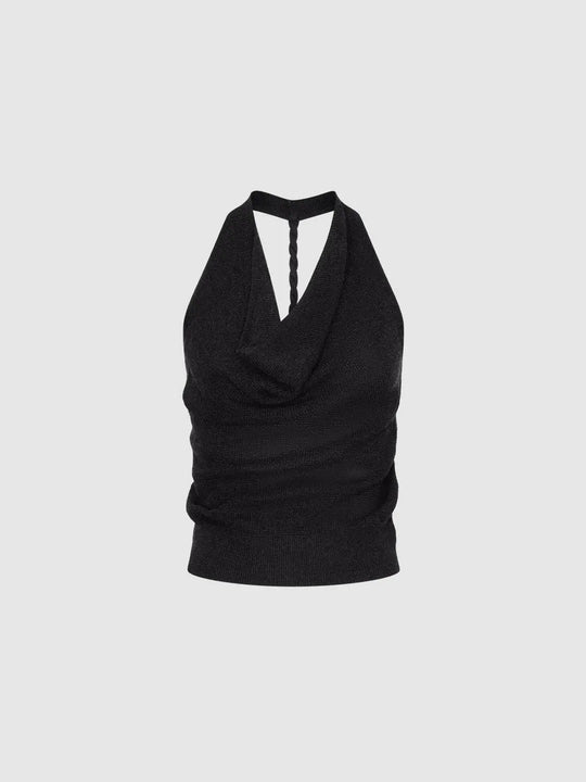 Fine Knitted Cowl Neck Sleeveless Draped Top