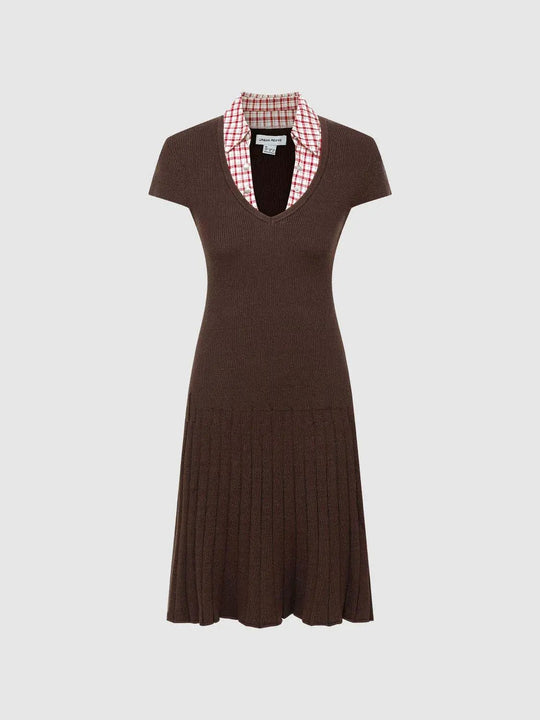 Ribbed V-neck A-line Midi Knit Dress