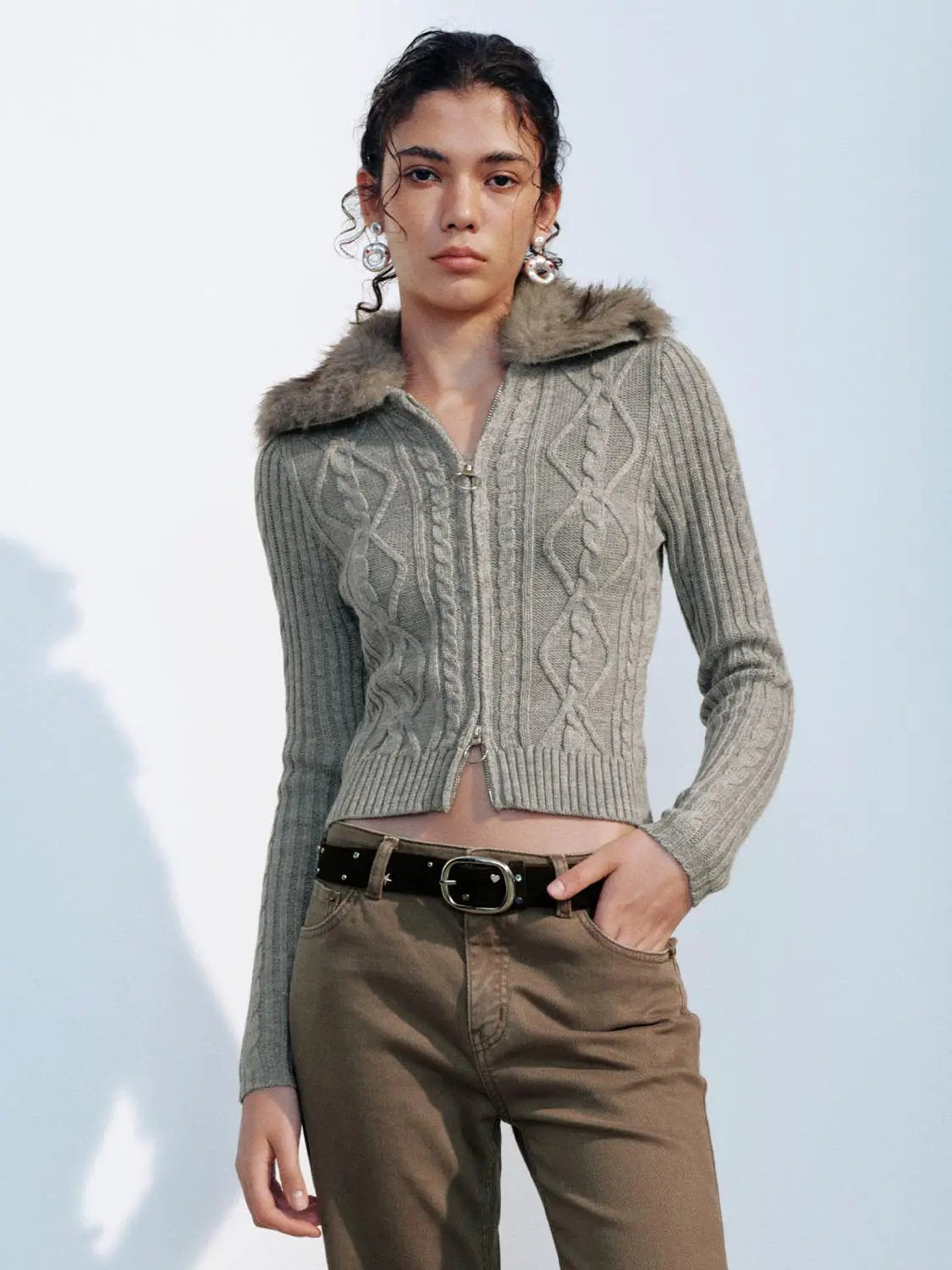 Knit Jacket, gray cropped cable-knit cardigan with faux fur collar and long sleeves