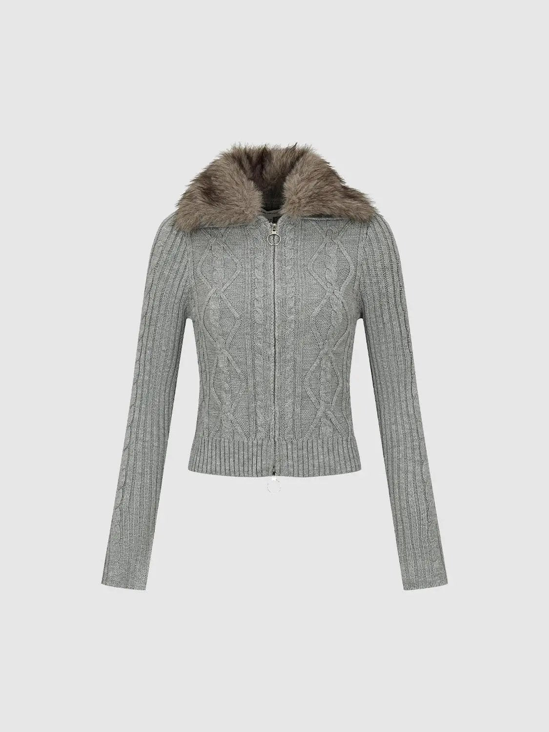 Knit Jacket by Urban Revivo Fashion; gray cable-knit cardigan with brown faux-fur collar