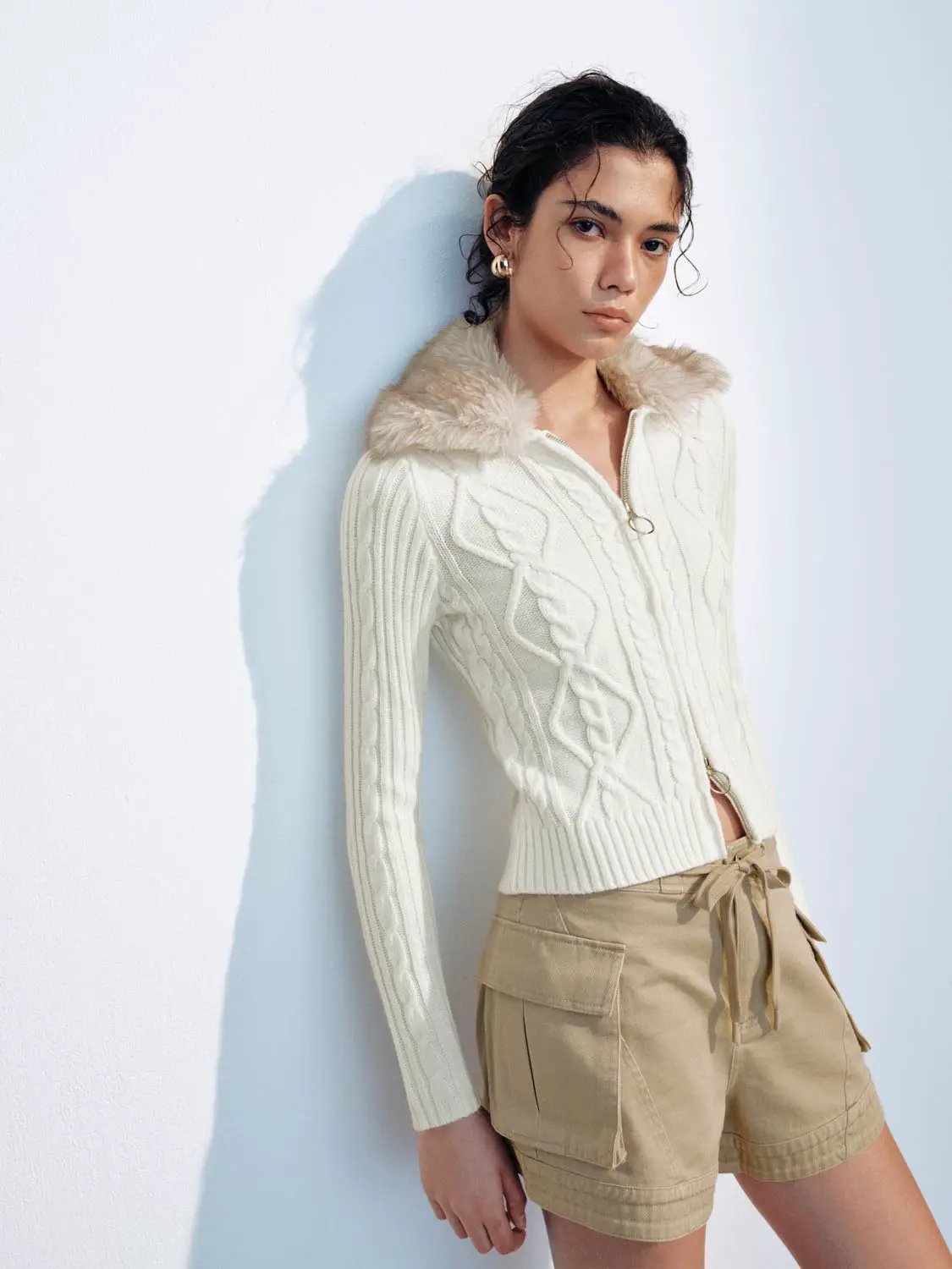 Knit Jacket by Urban Revivo Fashion, ivory knit cardigan with fur-trim collar