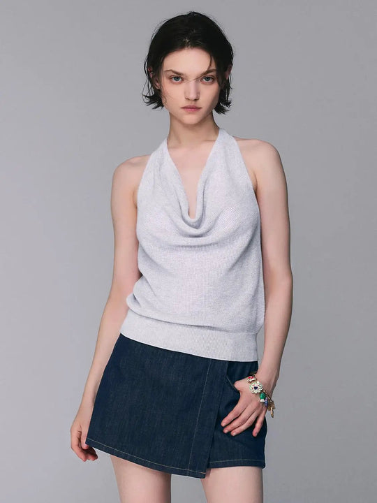 Halter Neck Draped Collar Knit Ruched Cropped Sleeveless Top