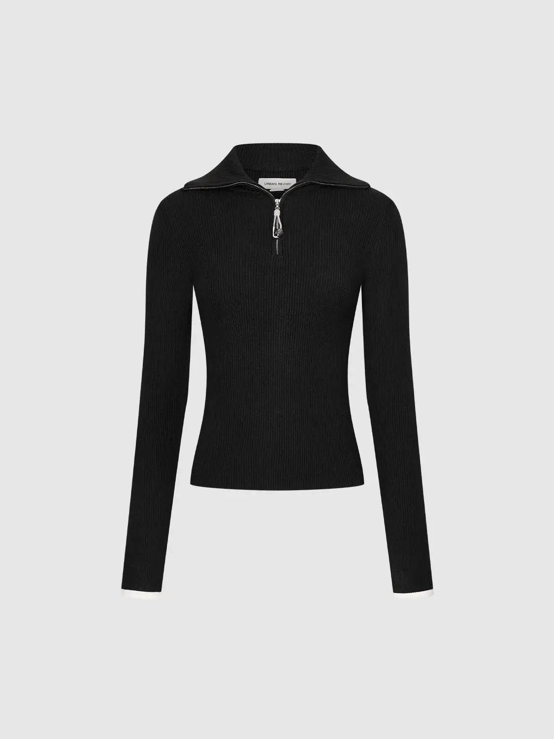 Knit T-shirt by Urban Revivo Fashion in black with ribbed knit and zip collar