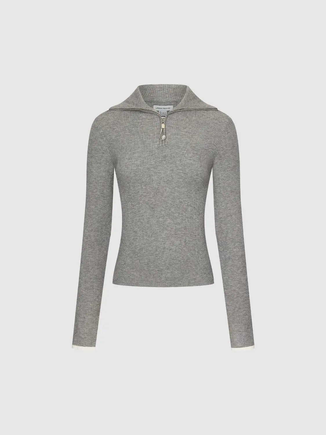 Knitted T-Shirts gray ribbed knit zip-neck pullover by Urban Revivo Fashion