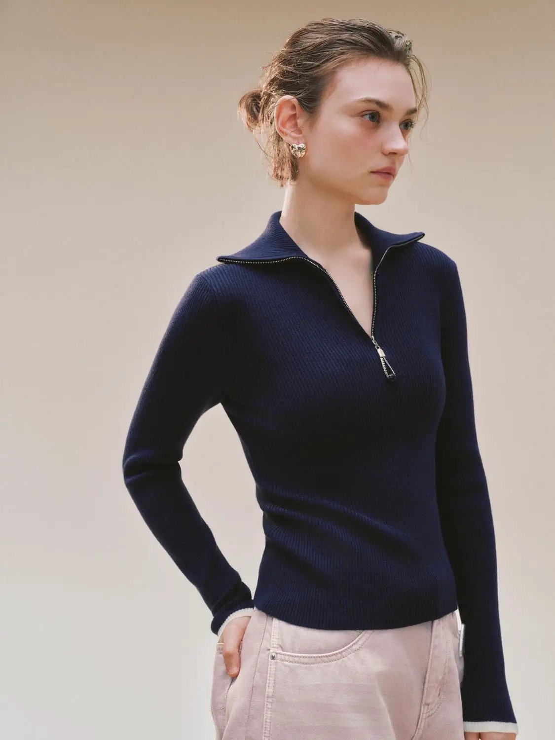 Knit T-Shirts navy blue with zip collar and long sleeves.