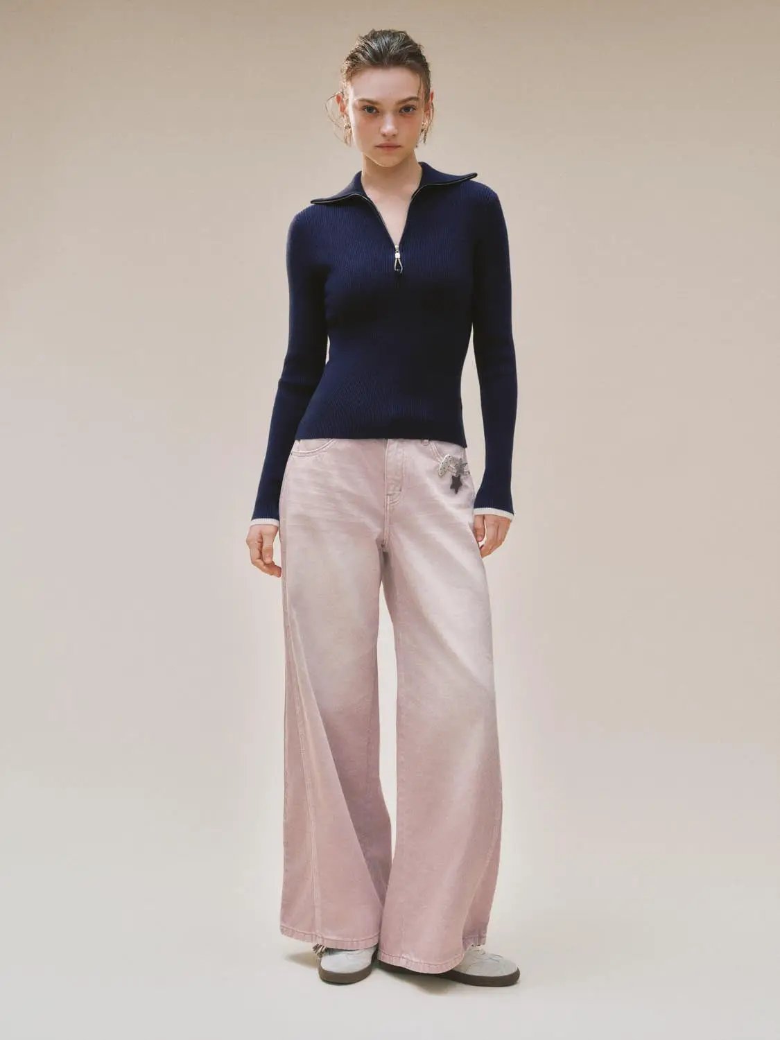 Knit T-Shirts by Urban Revivo Fashion, navy long-sleeve zip-neck knit top