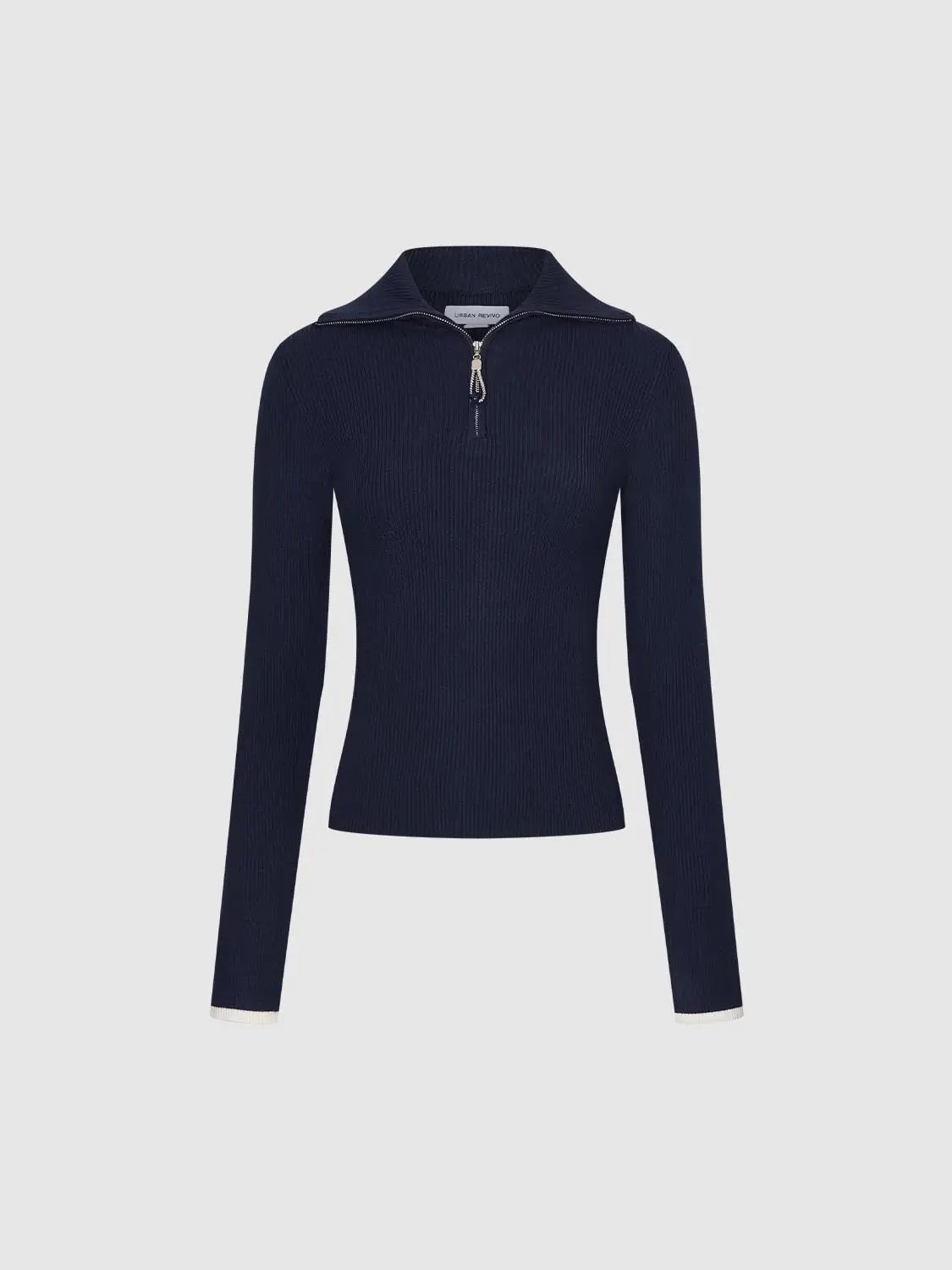 Knitted navy long-sleeve top with zip collar; Urban Revivo Fashion