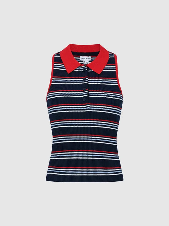 Sleeveless Contrast Striped Knitted T-Shirt