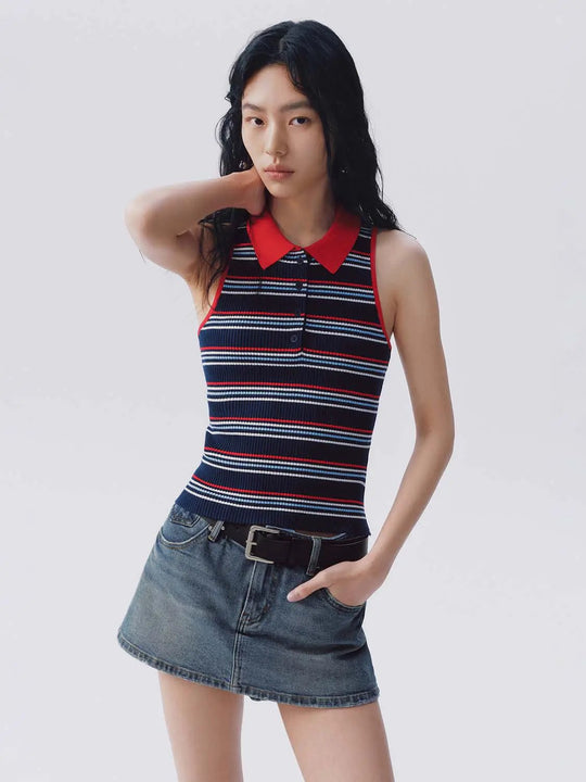 Sleeveless Contrast Striped Knitted T-Shirt