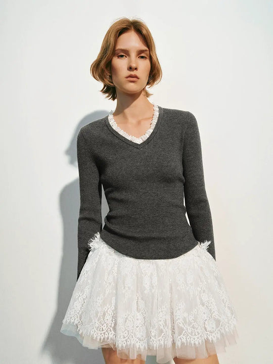 Ribbed Lace Trim V-Neck Long Sleeve Knit Sweater