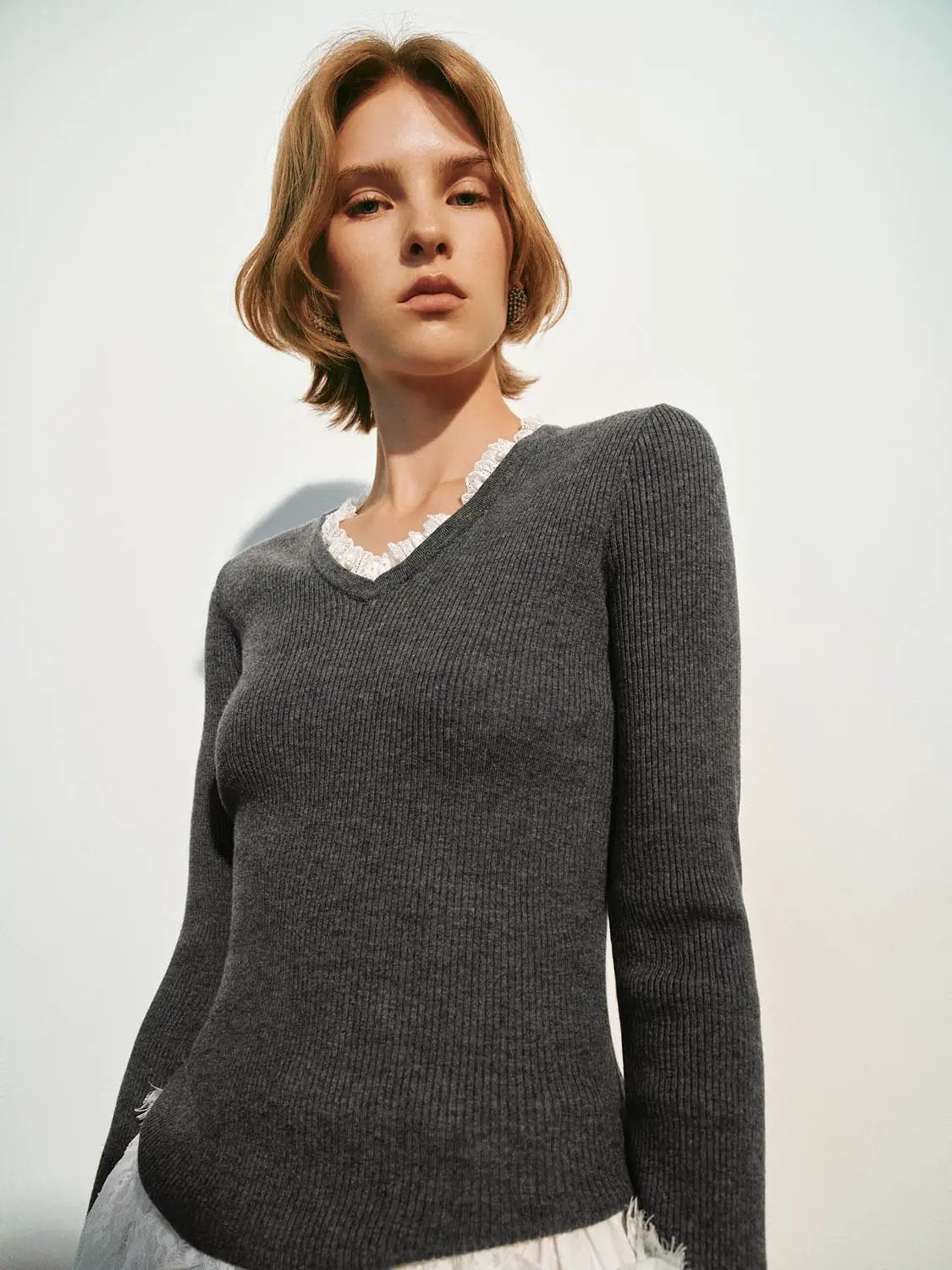 Knit T-Shirt in charcoal gray with lace-trim V-neck, Urban Revivo Fashion