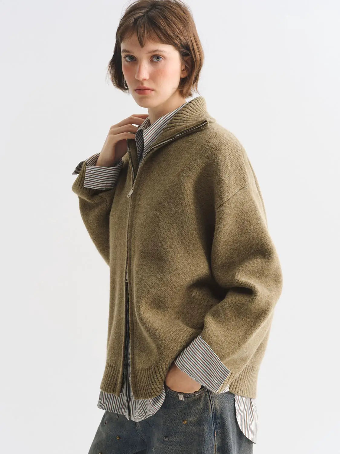 Knit Jacket by Urban Revivo Fashion; tan knitted cardigan with zip front.
