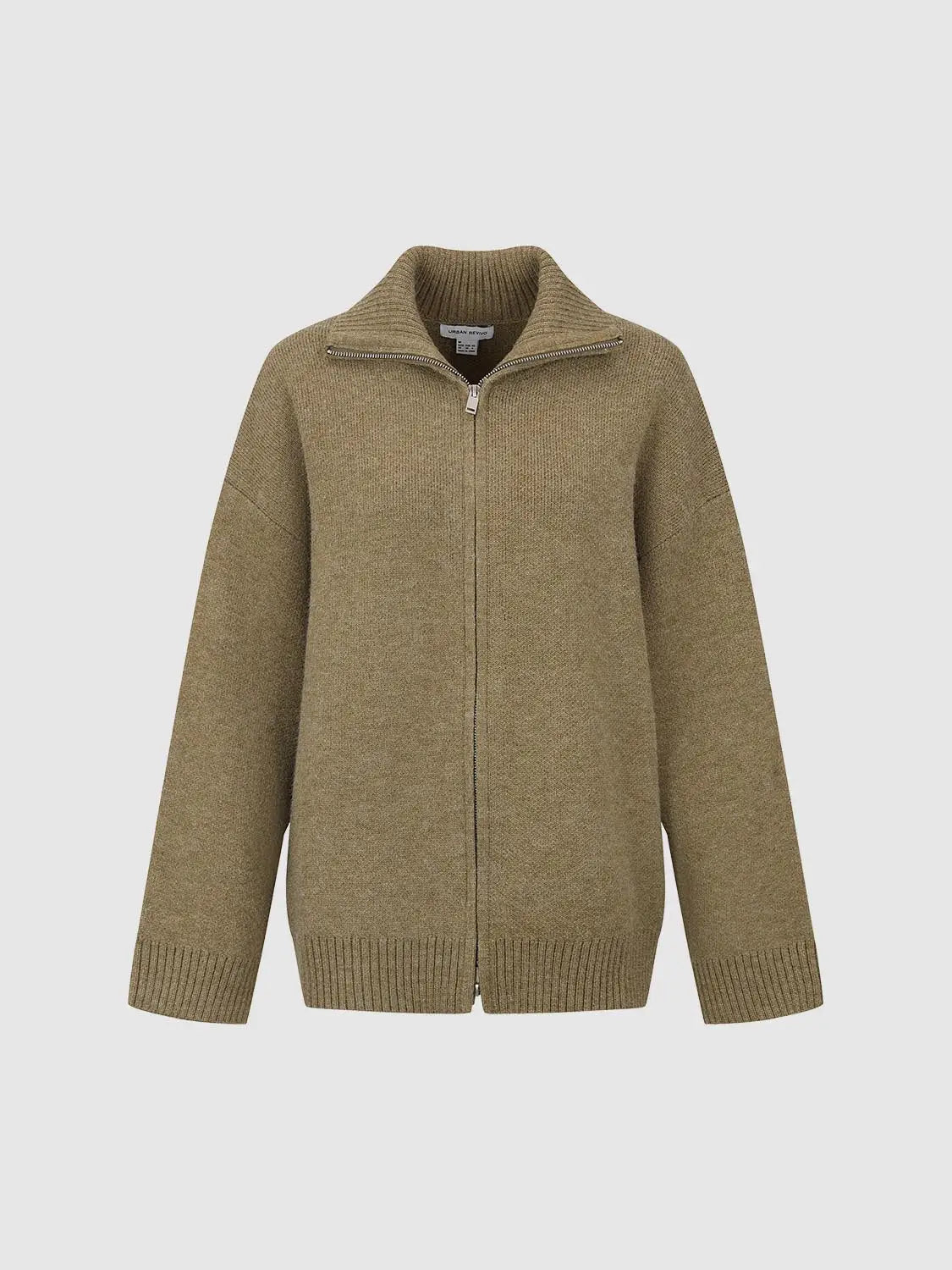 Knit jacket by Urban Revivo Fashion in camel beige knit with zip front.