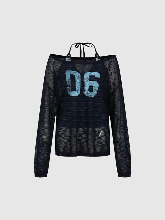 Number Print Sheer Halter Long Sleeve Knit T-shirt