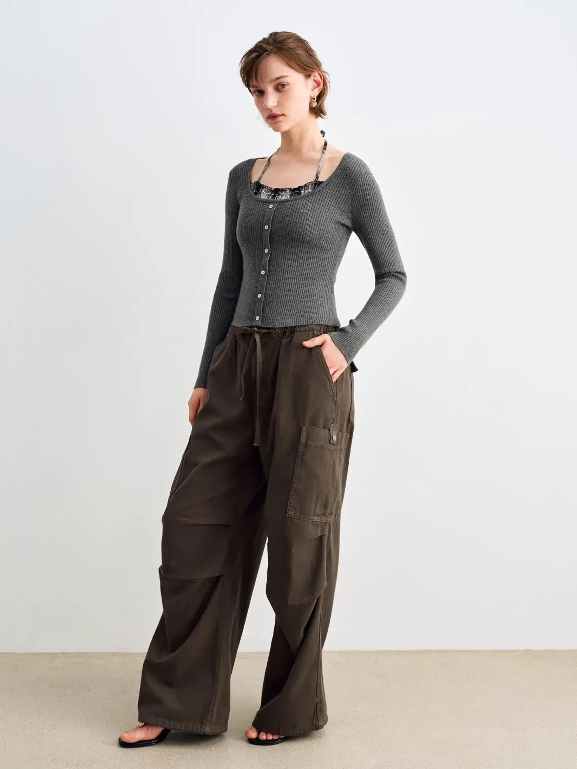 Knit T-Shirt by Urban Revivo Fashion, grey ribbed knit with button-front; paired with brown cargo pants.