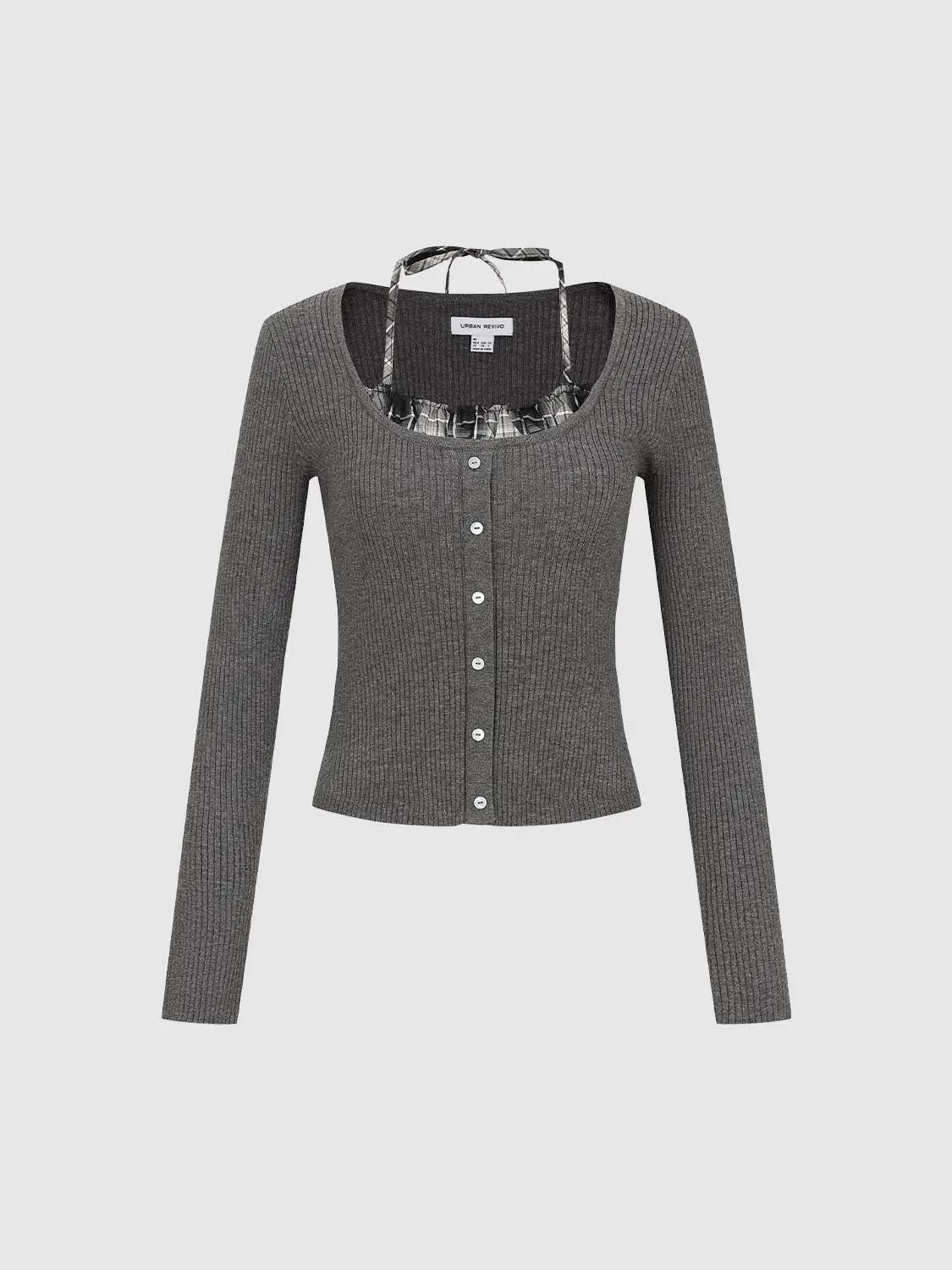 Knit T-Shirt by Urban Revivo Fashion; grey rib-knit top with button-front placket