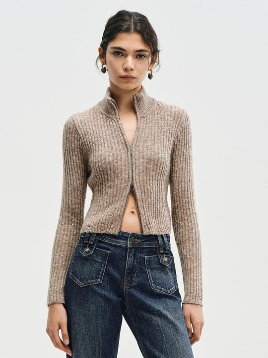 Cropped Ribbed Knit Long Sleeve Zip Jacket