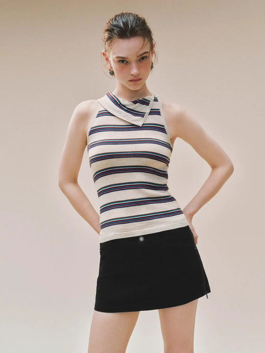 Striped Asymmetric Neckline Knit Tank Top
