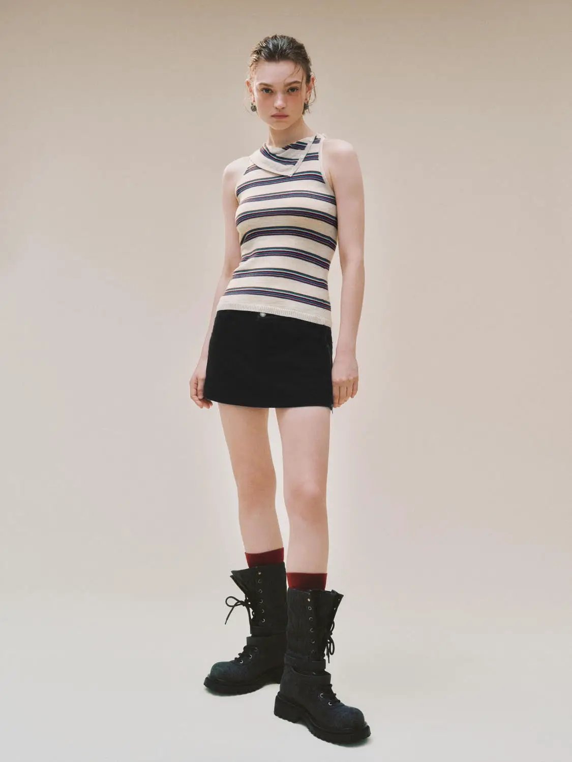 Striped asymmetric-neckline knit tank top by Urban Revivo Fashion in beige with blue and burgundy stripes.
