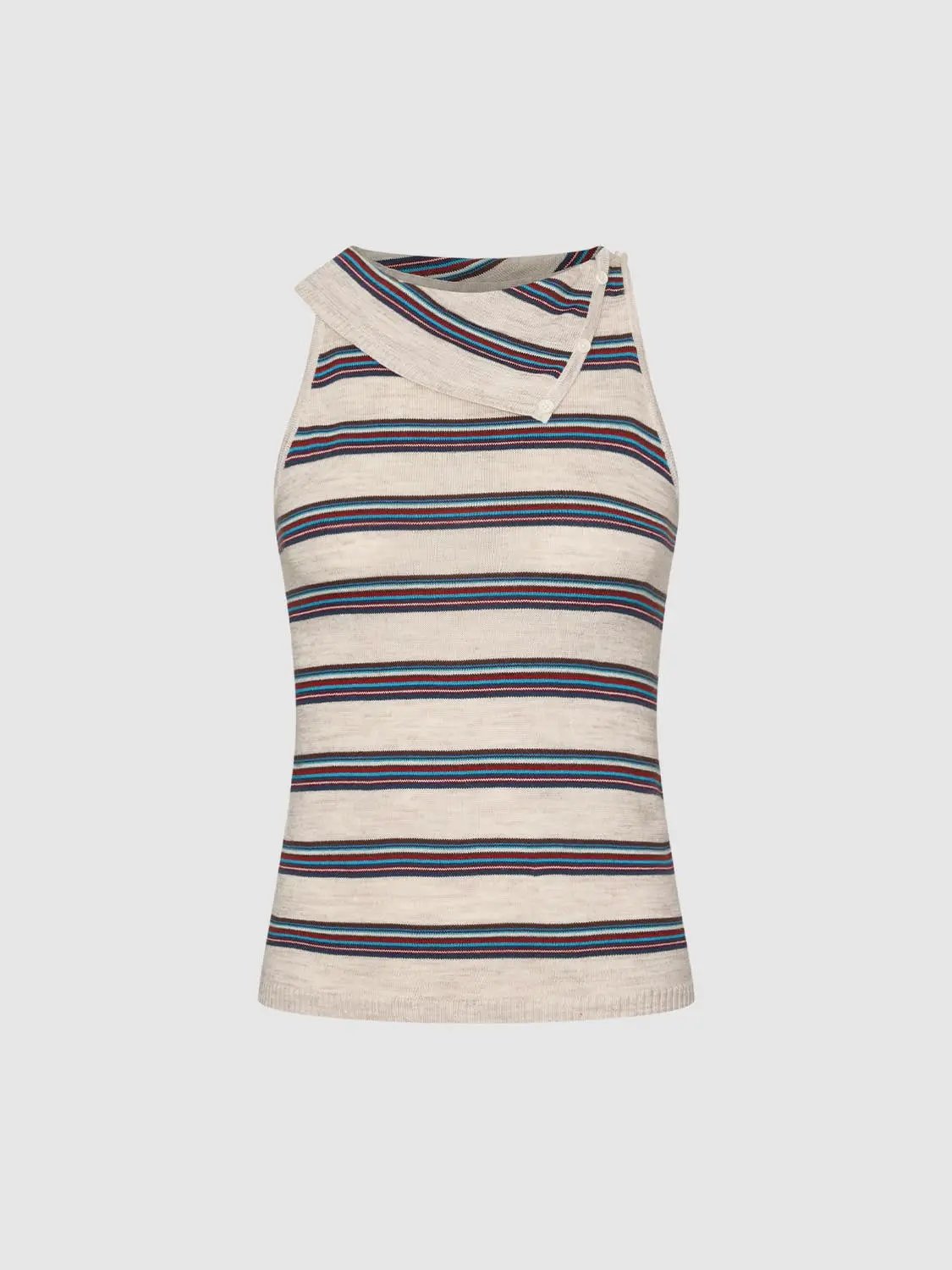Striped knit tank top with asymmetric neckline in beige with blue and red stripes, Urban Revivo Fashion.