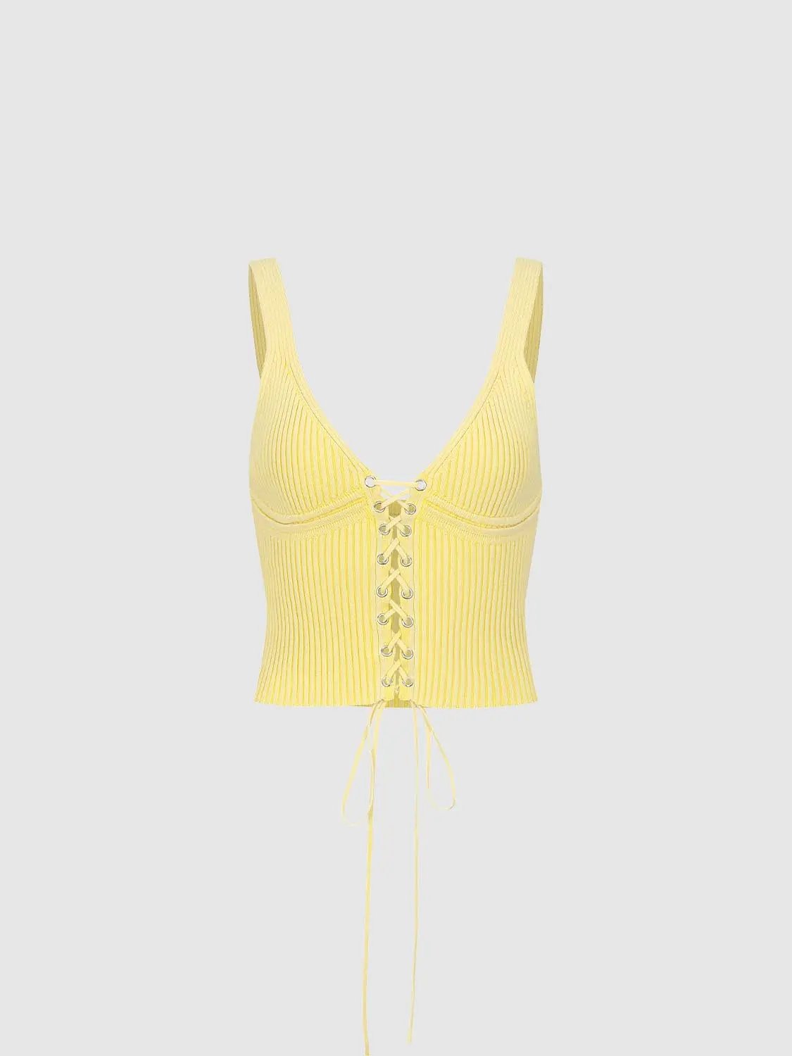 Ribbed lace-up sleeveless cotton cami top in yellow with front lace-up detail