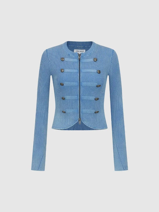 Ribbed Zip Front Crew Neck Long Sleeve Cotton Blend Jacket